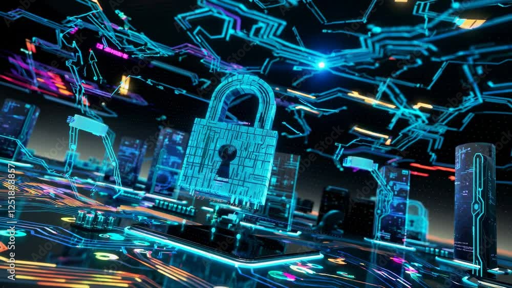Poster neon cybersecurity circuits orbit glowing padlock icon. binary streams and light trails weave throug