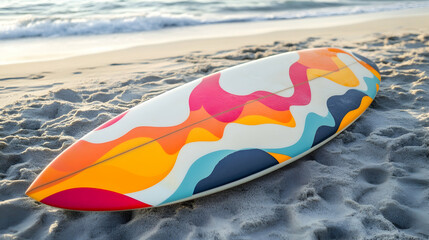Obraz premium A surfboard with colorful wave patterns lying on the sandy shore with waves in the background.