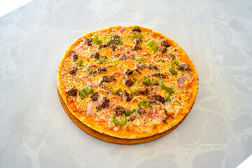 Traditional Turkish cuisine. Pizza, pita, pidesi, sucuk, hummus, kebab. Many dishes on the table. Serving dishes in restaurant. Mix, formaggi, veggie pizza. Top view, flat lay