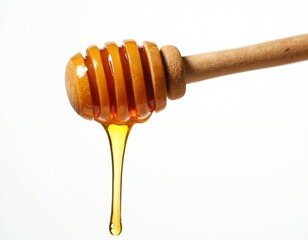 Wooden dripper stick with honey on transparent backdrop. Gold nectar drips. Photo suits food blog about healthy eating and organic products for breakfast or dessert topping. Natural sweetness concept.