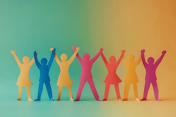 Joyful Paper People Raising Hands Together