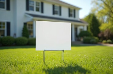A blank yard sign stands in green grass front a white house on a sunny day. It is used for advertisement promotions political campaigns and announcements on lawn.