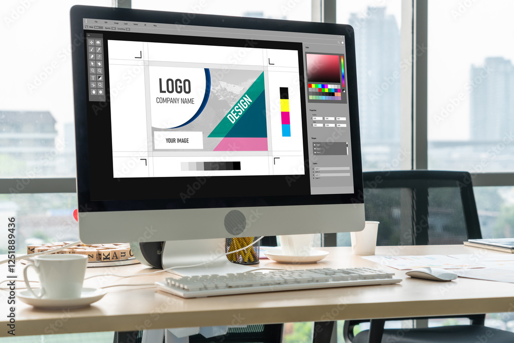 Poster graphic designer software for modern design of web page and commercial ads showing on the computer s