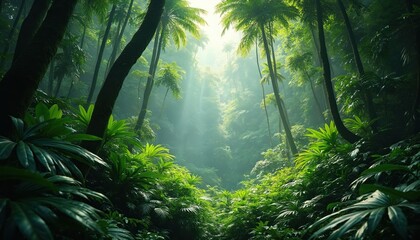 Tropical jungle with tall palm trees, dense foliage, vibrant green plants. Sunbeams penetrate mist creating mystical atmosphere. Natural background for travel, nature, ecotourism concepts. Ideal for