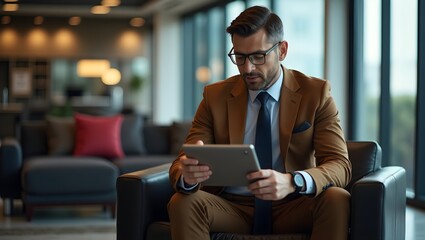 stylish businessman sitting in a modern office reviewing important business documents on a tablet representing corporate strategy, finance and career success	