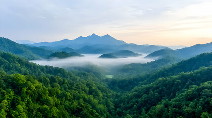 Obraz premium Misty mountain sunrise, valley view, nature serenity, travel postcard