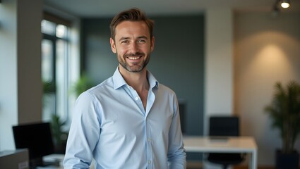 Fototapeta premium professional businessman posing confidently in modern office space wearing formal business attire looking at the camera with a strong and determined expression, career success 