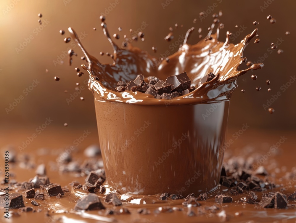 Poster a bucket of chocolate splashing with chunks and droplets around it.