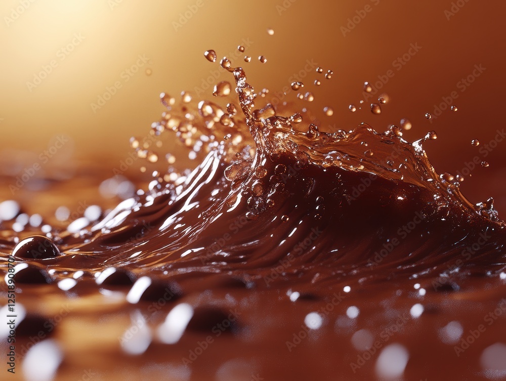 Poster a splash of liquid chocolate creating dynamic waves and droplets.