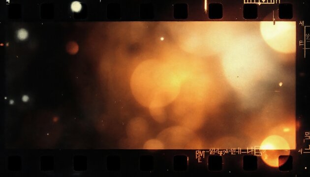 Abstract film frame with bokeh lights and warm golden gradient tones