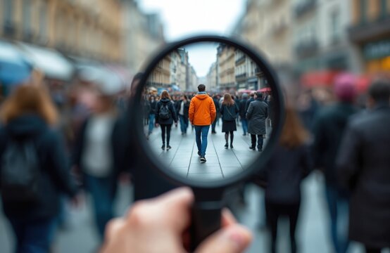 Fototapeta Hand holding magnifying lens over crowd on city street sidewalk. Focus on man wearing orange jacket. Investigation, observation, analysis, research concept. Scrutiny of people. Suitable for