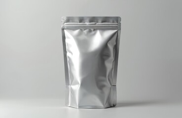Illustration of blank silver plastic zip bag. Isolated pouch template. Metallic foil package mock up for food product retail. Empty clean container design. Realistic three-dimensional clear sachet