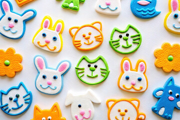 Colorful animal cookies arranged on white background, perfect for baking blogs or children's books