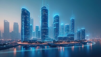 Obraz premium Illustration of futuristic smart city at night. Blue neon lights illuminate buildings and streets near water. Metaverse connection tech concept with skyscrapers and big data.