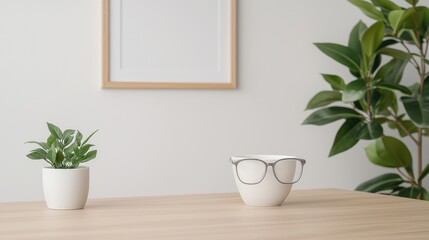 Empty Frame, Plant, Glasses on Table - Minimalist Scene - Mockup