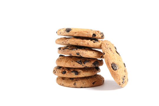 Stack of tasty chocolate chip cookies on white background