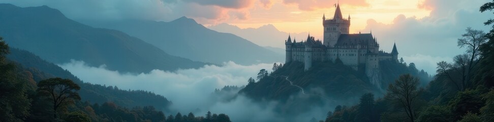 Fototapeta premium Imposing gothic castle overlooking a misty valley , elevation, aerial, nature