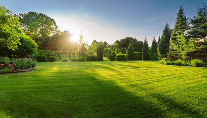 Fototapeta premium a large lush green garden with some trees and trees inside the background the sun is shining brightly making the grass look even greener