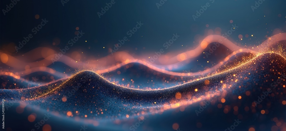 Aufkleber Illustration of abstract glowing digital landscape with dynamic waves. Orange light particles flow over blue background. Virtual interconnected network visualisation with node connections, geometric