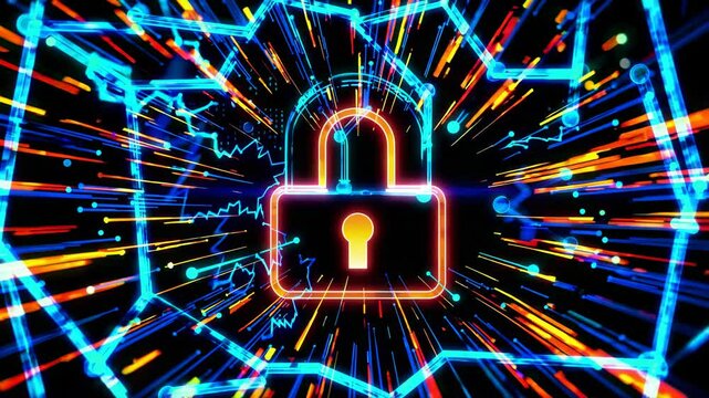 Neon padlock radiates through virtual cyberspace tunnel. Binary code and circuit patterns create digital security atmosphere. Steady forward tracking shot