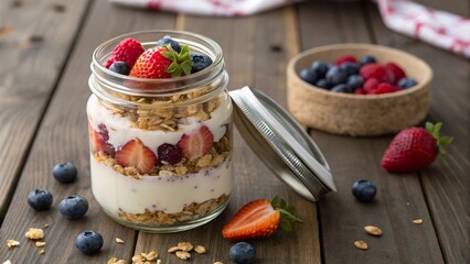 Savory granola layered with yogurt and fresh berries in a mason jar ready for a healthy breakfast or snack
