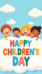 Happy Children’s Day celebration with joyful kids on a blue background