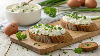 Rustic Easter cheese spread with cottage cheese served on dark bread with fresh herbs and eggs in a cozy kitchen setting