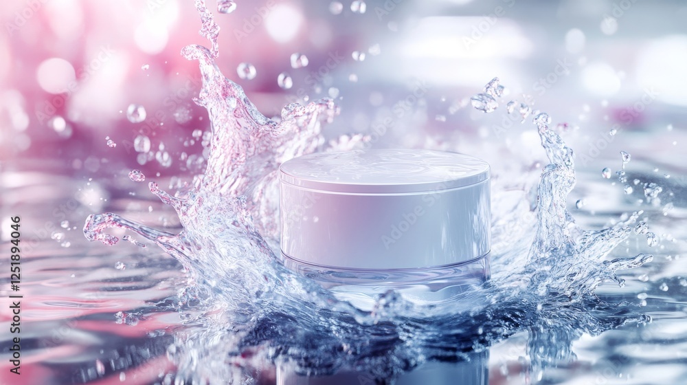 Poster sleek skincare item splashes into water, creating dynamic ripples and droplets.