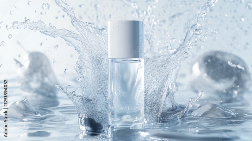 Poster sleek skincare item surrounded by splashes of water, creating refreshing atmosphere.