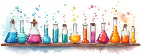Cute watercolor illustration of science laboratory equipment, test tubes with colorful liquid on shelf. Chemistry, biology elements. School lab clip art on white background. Back to school.