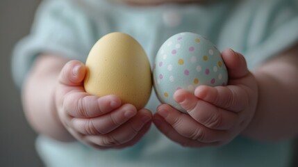 The kid has two colored eggs in his little hands.