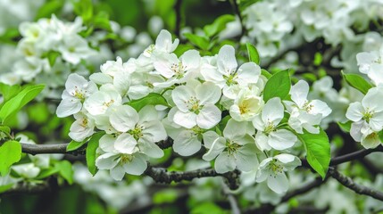 Close-up of a branch of apple tree with white blossoming flowers.