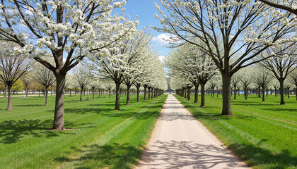 Blossoming trees lining a peaceful park pathway