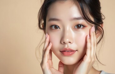 Obraz premium Asian woman touches face with skincare routine. She has Korean makeup style and perfect skin. Female model happy and smile. Beauty portrait cosmetology spa wellness photoshoot.
