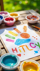 Colorful handprints on paper with paint pots on wooden table