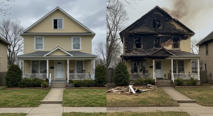 Before and After House Fire Damage - A two-story house before and after a devastating fire. Symbolizing loss, resilience, rebuilding, insurance, and community support.