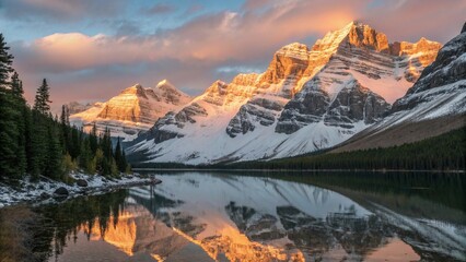 Snow-capped mountains, golden sunlight, tranquil lake reflection, alpine landscape, majestic peaks, rocky terrain, evergreen forest, serene wilderness, dramatic sky,