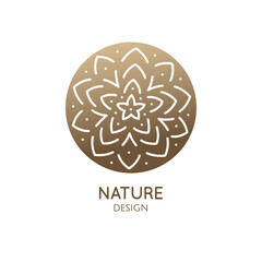 Tropical plant logo. Round emblem flower a circle in linear style. Vector abstract badge for design of natural product