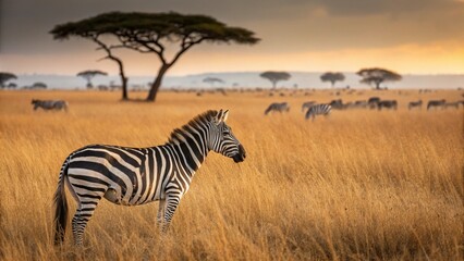 A breathtaking hyper-realistic photograph of a Plains Zebra standing proudly in the golden savanna AI Generative