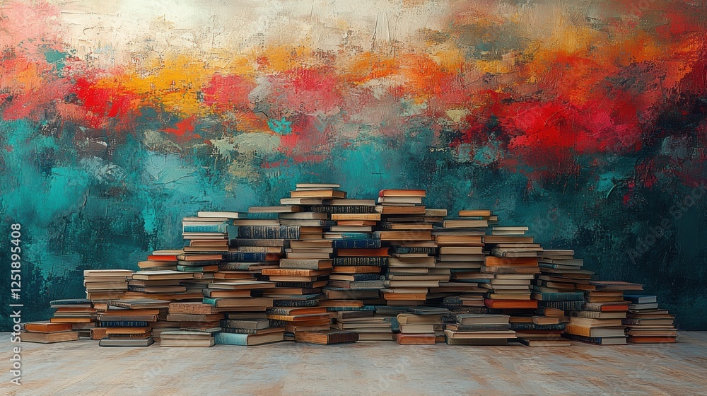 Poster a colorful abstract background with a large pile of books in the foreground.