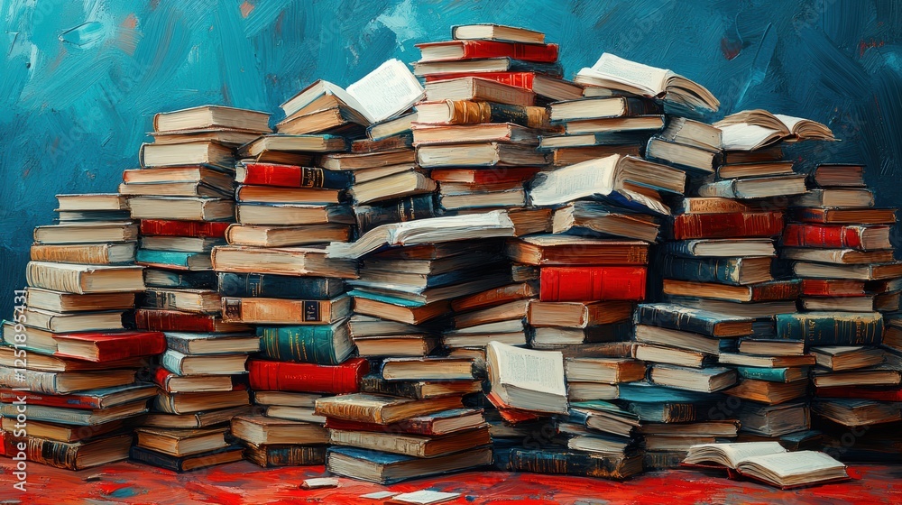 Poster a chaotic stack of books in various colors and sizes, creating a literary scene.