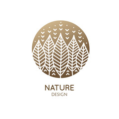 Forest logo of nature in linear style. Vector icon of garden, landscape - business emblems, badge for a travel, farming and ecology concepts