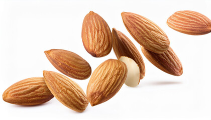 sliced almonds falling gracefully against a white background