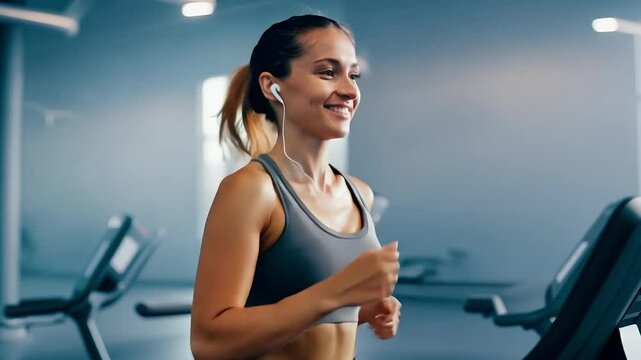 Smiling woman running on a treadmill with earphones in a modern gym. Indoor photography capturing fitness and active lifestyle. Wellness and exercise concept.