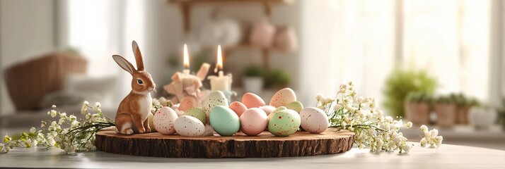 Festive Easter Brunch Table with Painted Eggs, Bunny Figurines, and Candles in Bright Rustic Kitchen