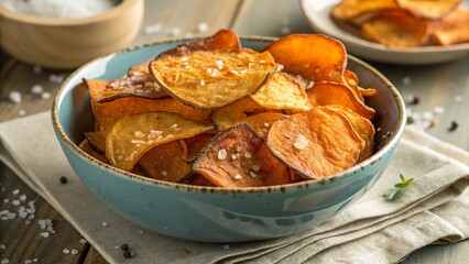 Homemade baked sweet potato chips served in a blue bowl garnished with sea salt and herbs on a rustic wooden table