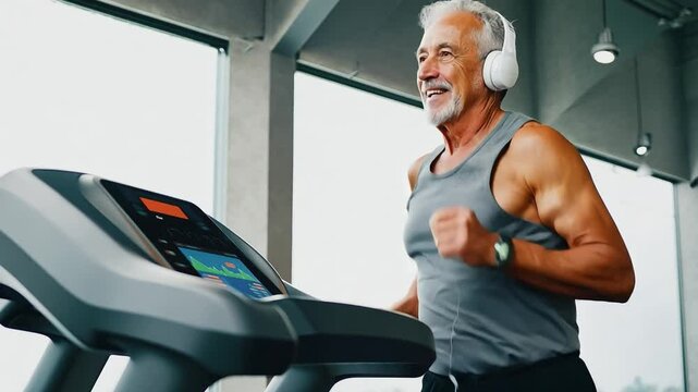 Smiling senior man running on a treadmill while wearing headphones in a modern gym. Indoor photography capturing fitness and healthy aging. Wellness and exercise concept