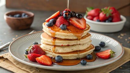 Delicious stack of healthy pancakes topped with fresh strawberries and blueberries drizzled with syrup for a delightful breakfast treat