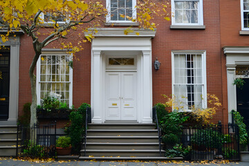 Townhouse Exterior with White Front Door and Bay Windows