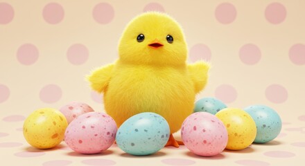 Cute Chick with Easter Eggs Polka dots - Adorable fluffy yellow chick surrounded by pastel Easter eggs. Symbolizing spring, new beginnings, hope, joy, and celebration.